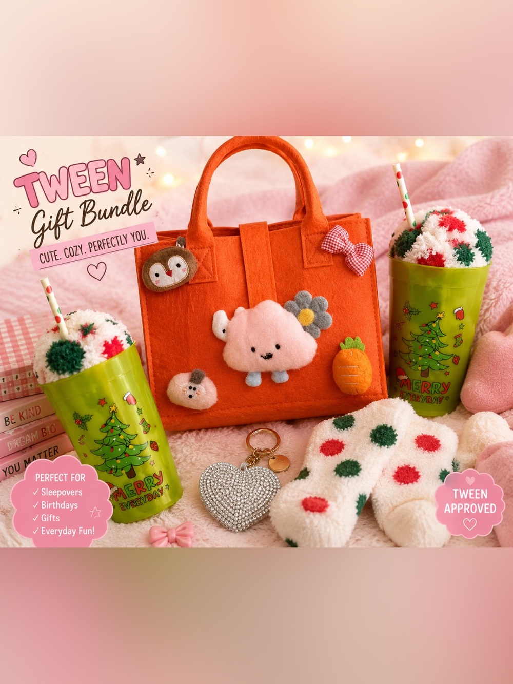 Kawaii Tween Plush Tote & Cozy Drink Cup Gift Bundle Soft Girl Accessories Set